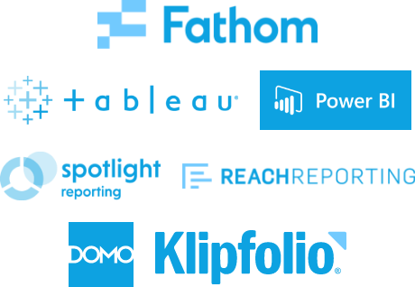 fathom, tableau, power BI, spotlight reporting, reach reporting, domo, klipfolio logos