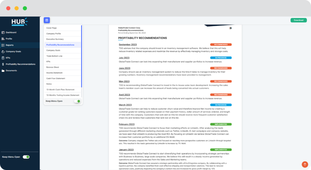 HUB Analytics product screenshot