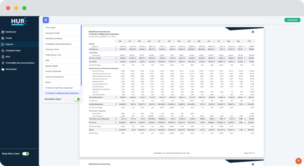 HUB Analytics product screenshot